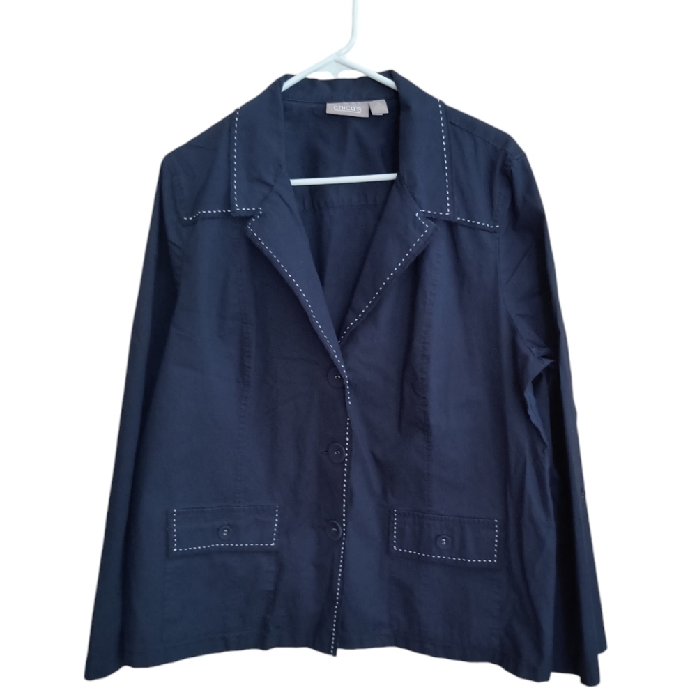 Chico's Navy Blue Blazer With Decorative White Stitching Size 3 (US Size 16)